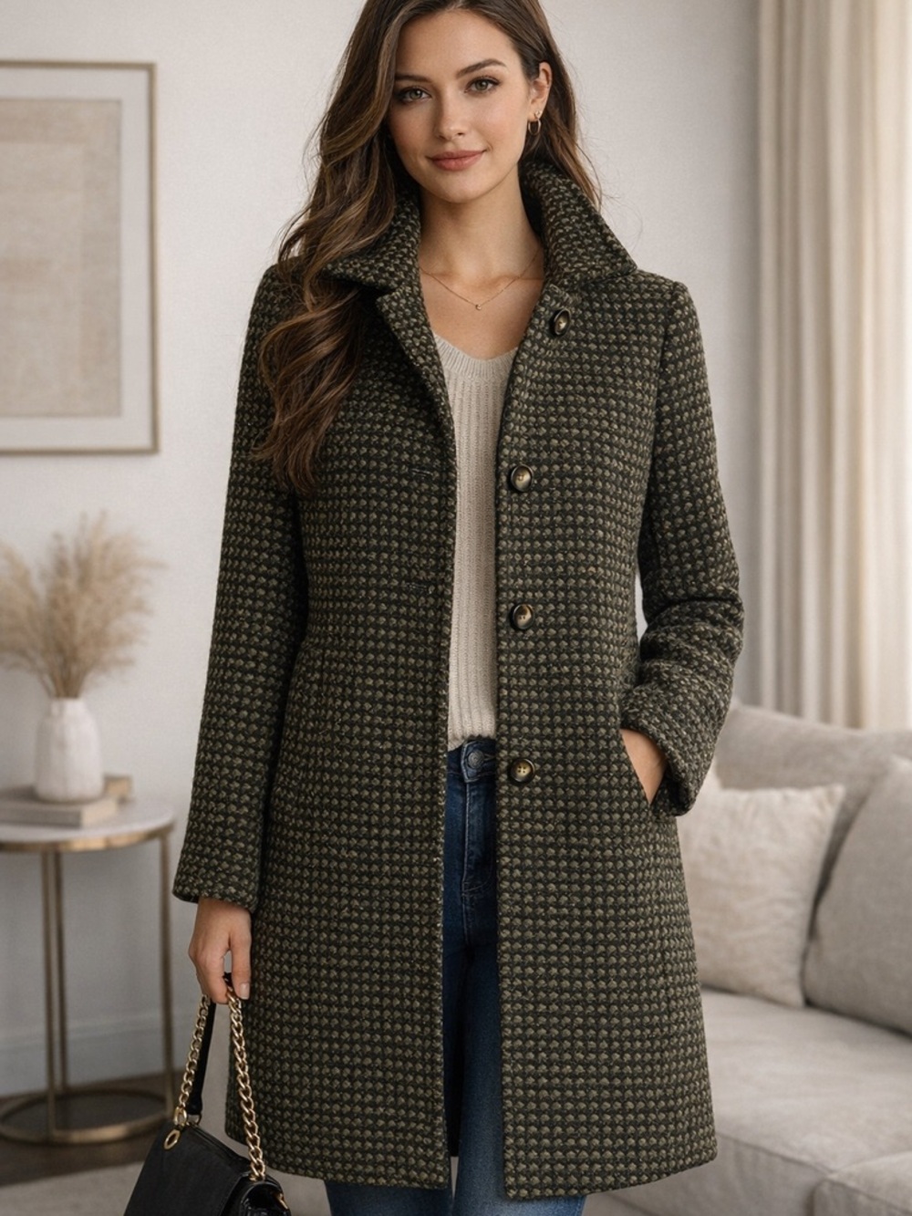 Worthington Textured Pea Coat Wool Blend Black Olive Tweed Jacket